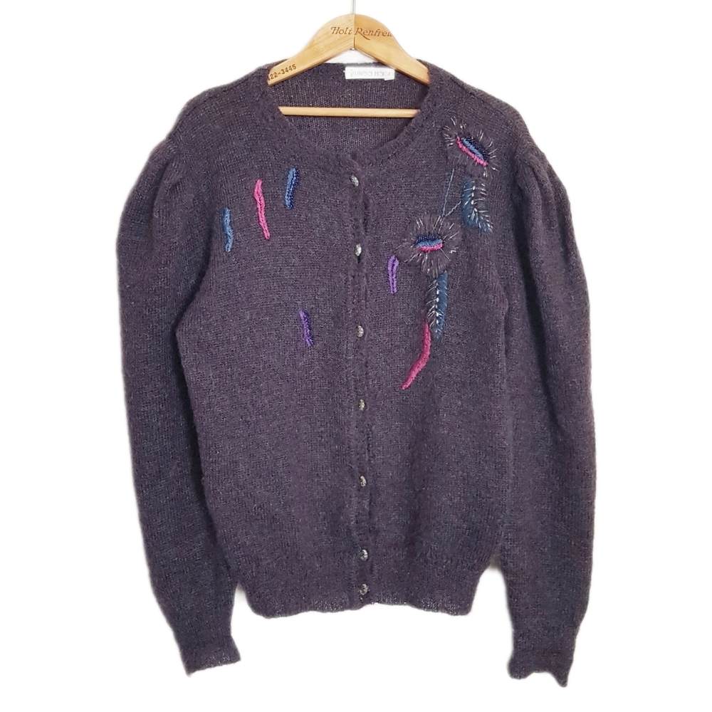 Vtg Purple Flower Wool Blend Cardigan